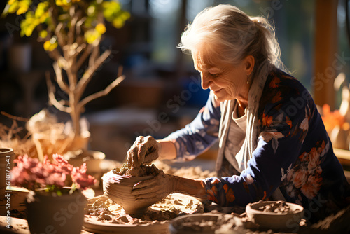  Elderly woman shape a clay vase in pottery studio.