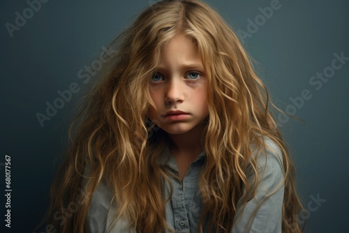Sad Unhappy Kid Little Girl Concept of Teenage Parenting Problems Family Education Special Education Needs SEN Students Children Childhood Development Attention Seeking on Solid Color Background