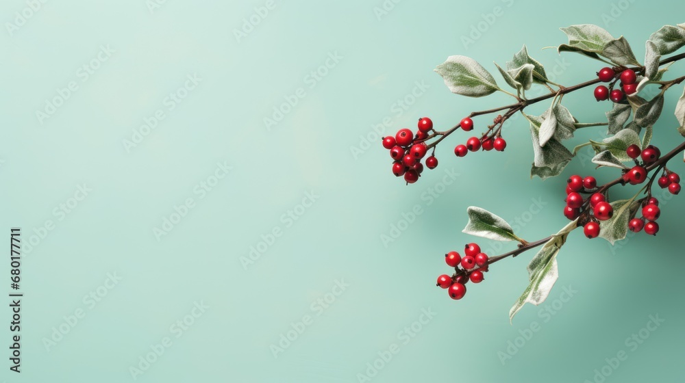  a branch of holly with red berries and green leaves on a light blue background with copy - space for a text or an image with a place for your own text.