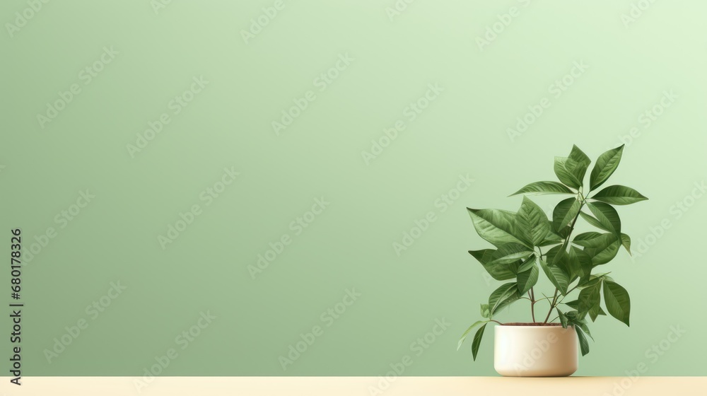 a potted plant on a table in front of a green wall with a light green wall behind it and a white vase with a green leafy plant in it. a potted plant on a table in front of a green wall with a light green wall behind it and a white vase with a green leafy plant in it.