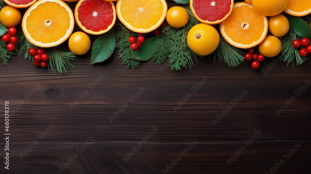 fruits and vegetables on wooden background - obrazy, fototapety, plakaty 