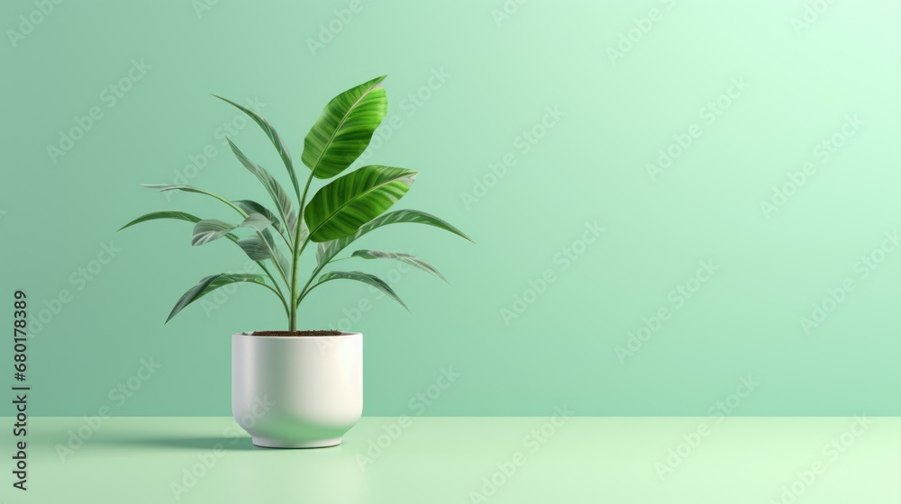  a potted plant in a white vase on a green surface with a light green wall behind it and a light green wall behind it and a light green wall.