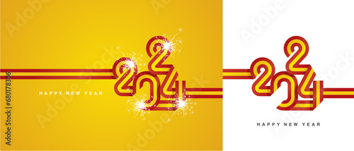 New Year 2024 continuous ribbon in the shape of 2024. Abstract red yellow flag of Spain shape 2024 logo with sparkle firework isolated on white and yellow orange background