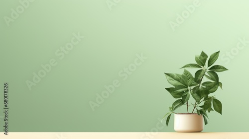  a potted plant on a table in front of a green wall with a light green wall behind it and a white vase with a green leafy plant in it.