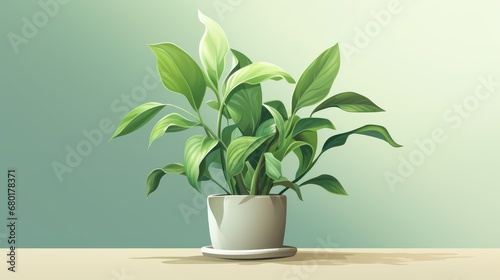  a potted plant sitting on a table with a green wall in the background and a white plate in the foreground with a light green wall in the background. © Anna