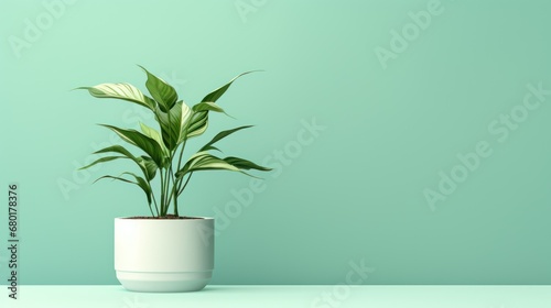  a potted plant sitting on top of a table next to a light green wall and a white vase with a green plant in it on a light blue background.