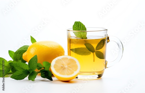 a glass of tea with a lemon and mint leaves