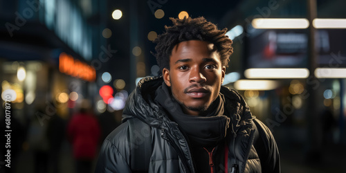 Candid portrait of a young African American man on a street at night