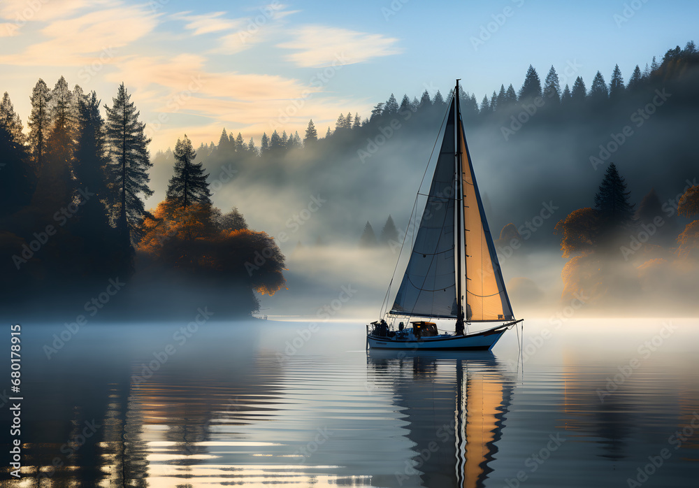 Sailboat gently gliding across a mist-covered lake during the early morning.