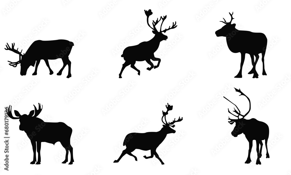 Deer or Caribou Silhouettes Vector set