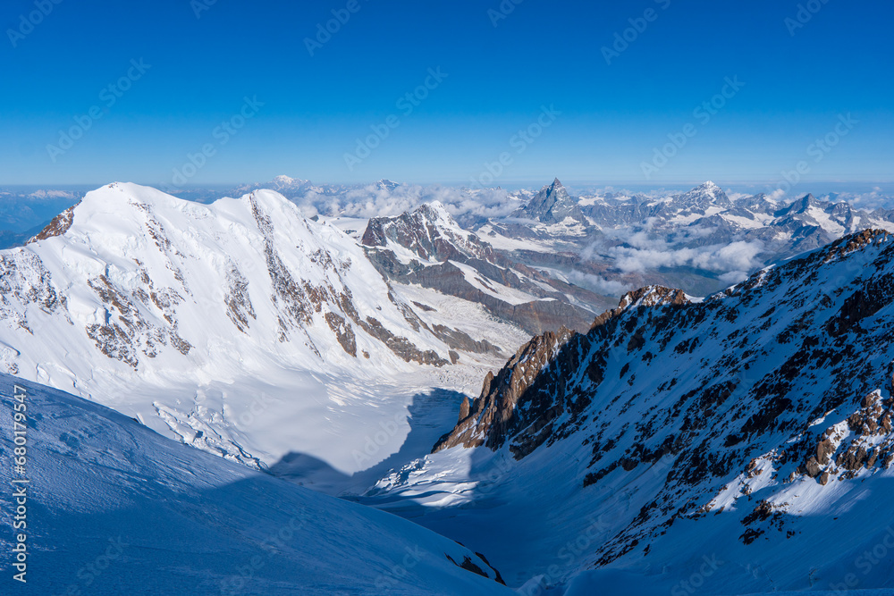 scenic winter wonderland in the monte rosa or Dufourspitze. The Spaghetti Tour is a traverse of the Monte Rosa massif.
