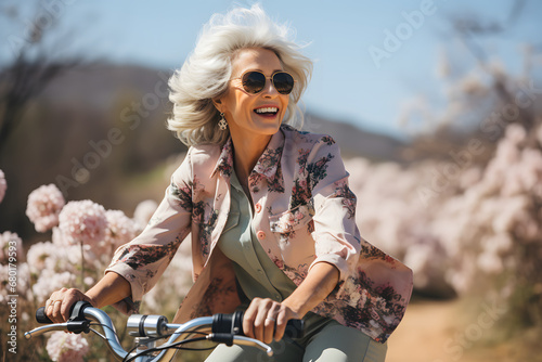 Senior woman rides bicycle in park.
