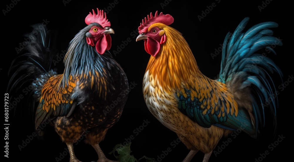 Colorful roosters isolated on black background. Farm Concept with Copy Space.
