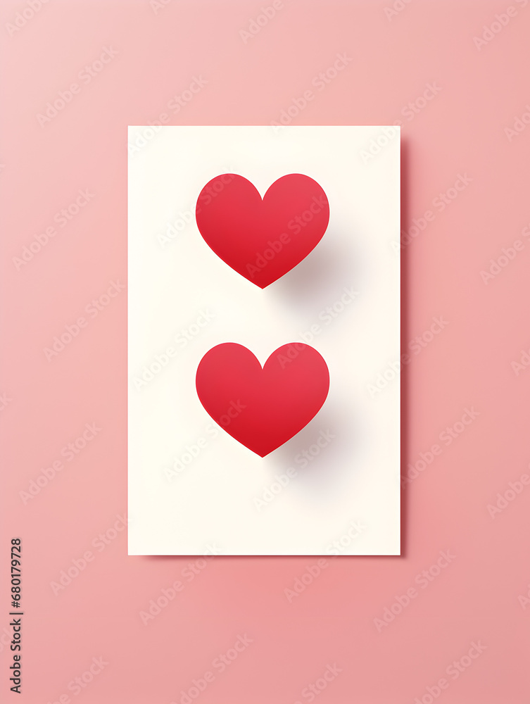 Valentine's card with red hearts with a minimalist design on plain background, symbolise love and romance.