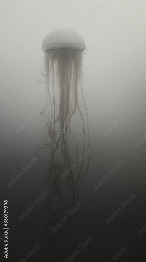 a jellyfish is floating in the water on a foggy day with its head above the water and it's head above the water's surface, it's surface. a jellyfish is floating in the water on a foggy day with its head above the water and it's head above the water's surface, it's surface.