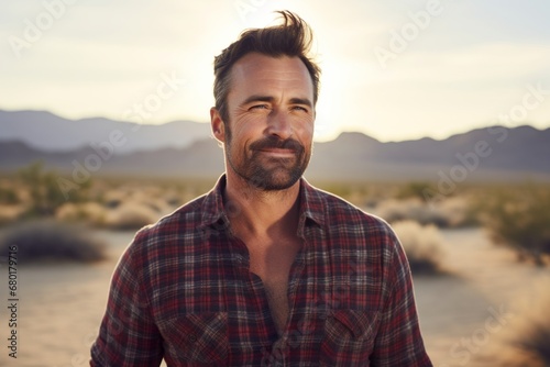 Portrait of a blissful man in his 40s wearing a comfy flannel shirt against a backdrop of desert dunes. AI Generation