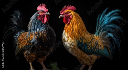 Colorful roosters isolated on black background. Farm Concept with Copy Space. © John Martin