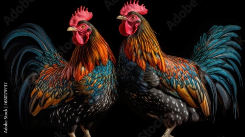 Two roosters on a black background. Farm Concept with Copy Space.
