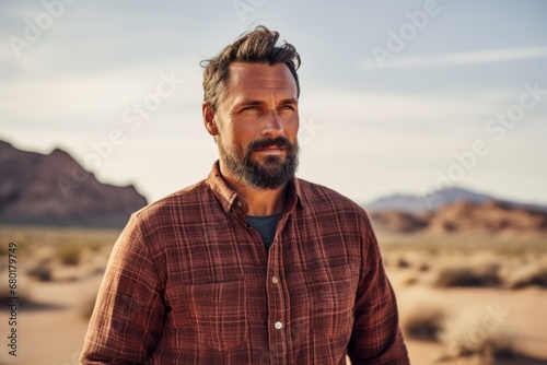 Portrait of a blissful man in his 40s wearing a comfy flannel shirt against a backdrop of desert dunes. AI Generation