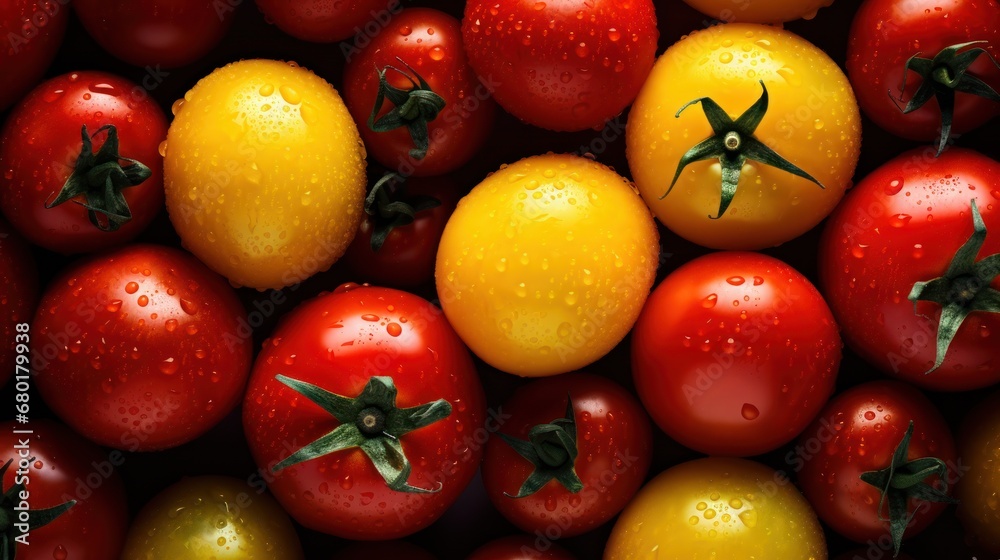a group of red and yellow tomatoes with water droplets on the top one of the tomatoes has a green stem and two of the tomatoes have green leaves on the top. a group of red and yellow tomatoes with water droplets on the top one of the tomatoes has a green stem and two of the tomatoes have green leaves on the top.