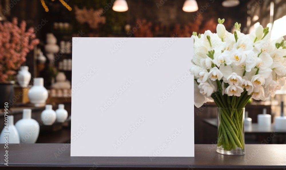 White label mockup for empty menu frame in store or beauty salon with plant flower. Stand booklet paper tent card sheets on the reception desk displays your product background, inserts customer text. - obrazy, fototapety, plakaty 