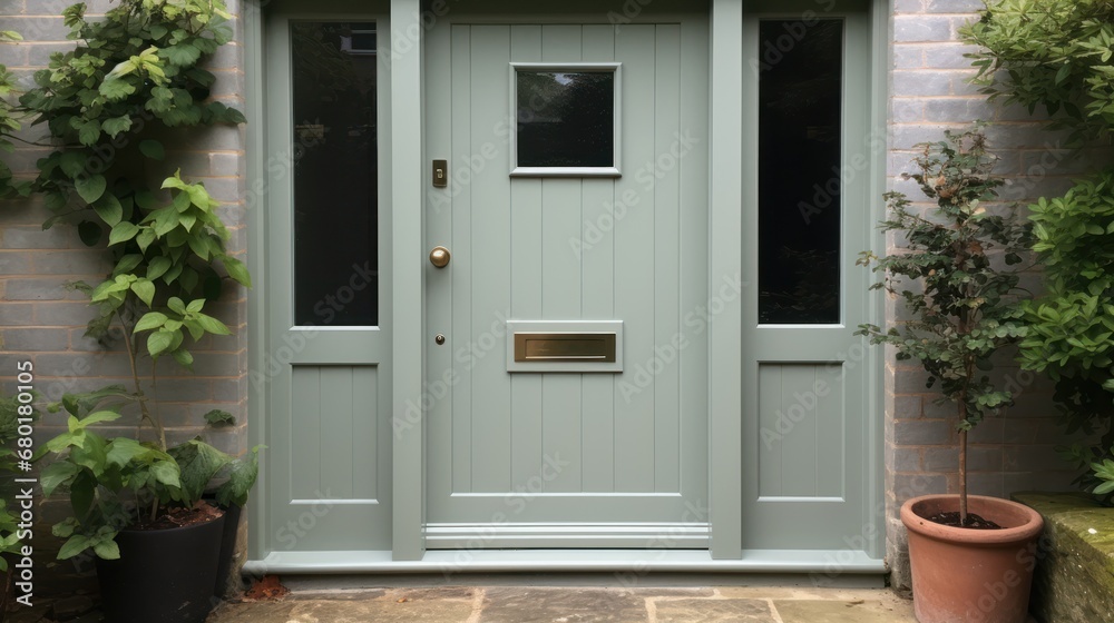  a front door with a potted plant next to it and a potted plant on the side of the door and a potted plant in front of the door.