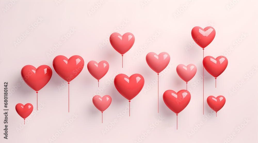 Artistic red hearts 3d balloons with a minimalist design, symbolise love and romance. Ideal for a valentine's card design.