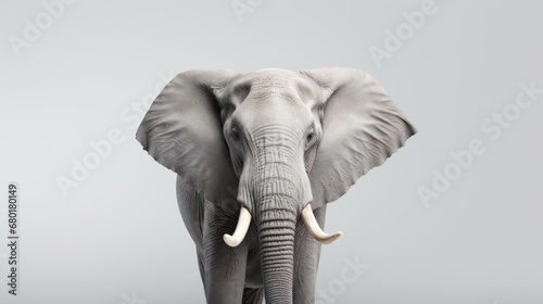  an elephant with tusks is standing in the middle of the picture and is looking straight ahead with its tusks in the foreground, with a gray sky in the background.