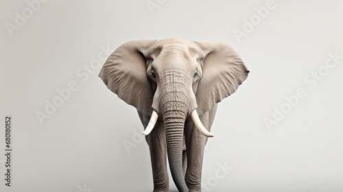  an elephant with tusks standing in front of a white wall and looking at the camera with its trunk in the air  with its trunk in the air.