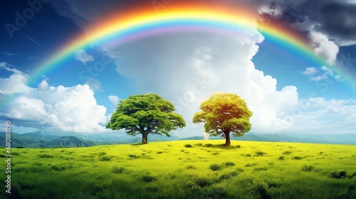 a rainbow over a green field with trees