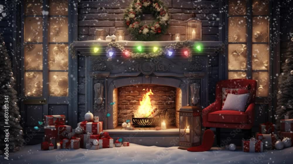 fireplace with christmas decorations. seamless looping time-lapse virtual video animation background. fireplace with christmas decorations. seamless looping time-lapse virtual video animation background.