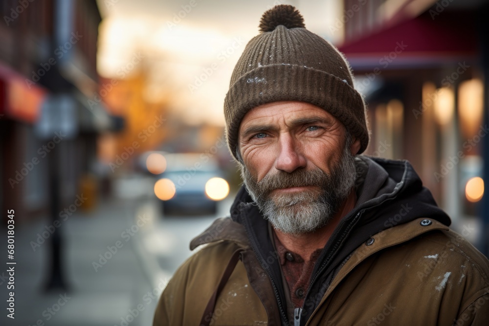 Portrait of a tender man in his 50s donning a warm wool beanie against a charming small town main street. AI Generation Portrait of a tender man in his 50s donning a warm wool beanie against a charming small town main street. AI Generation