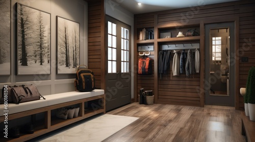  a large walk in closet with wood paneling and a bench in front of a door with a painting of trees on the wall and a bench in front of the closet.