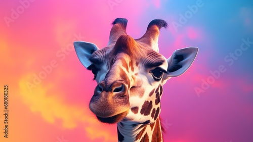  a close up of a giraffe's face against a pink and blue sky with a pink and yellow cloud in the background and a pink and orange hued sky. © Anna
