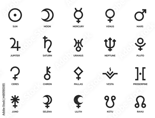 astrology symbol set. planet and asteroid symbol. astronomy and horoscope sign. isolated vector image photo