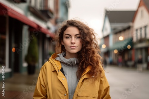 Portrait of a content woman in her 20s wearing a functional windbreaker against a charming small town main street. AI Generation