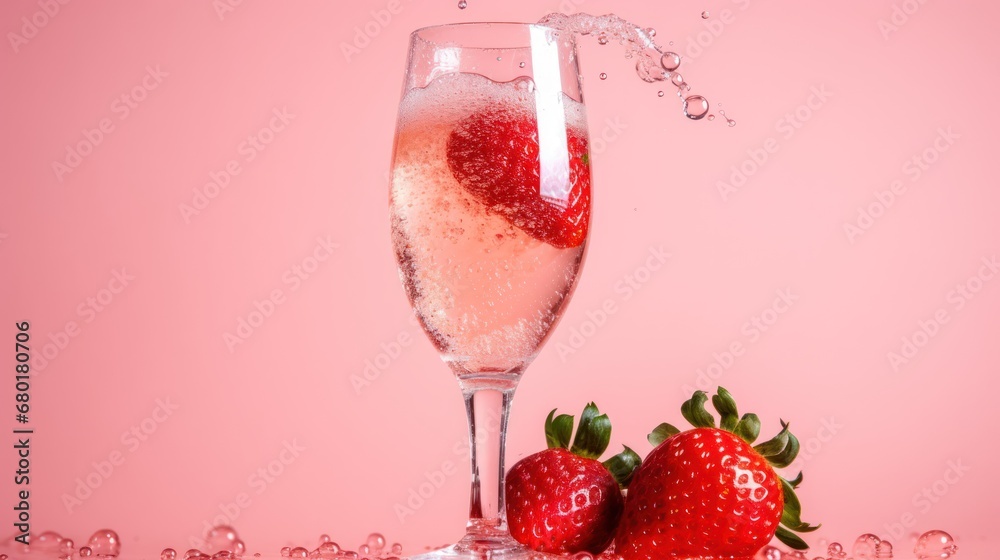  a close up of a glass of wine with strawberries in the foreground and a splash of water in the middle of the glass, on a pink background.