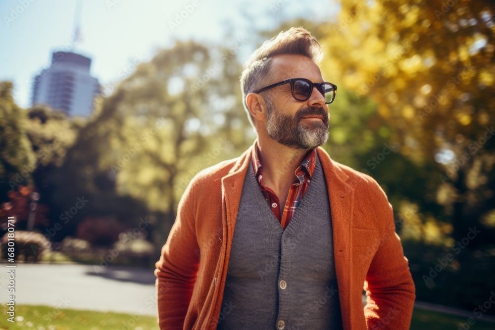 Portrait of a blissful man in his 40s wearing a chic cardigan against a vibrant city park. AI Generation Portrait of a blissful man in his 40s wearing a chic cardigan against a vibrant city park. AI Generation