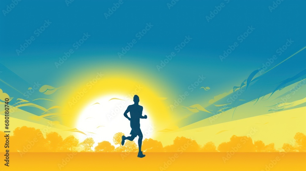  a silhouette of a man running across a field with the sun setting in the sky behind him and behind him is a field with trees and a yellow and blue sky.