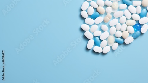  a pile of white and blue pills sitting on top of a blue table next to a red and white heart shaped bottle of pills on a blue background with space for text.