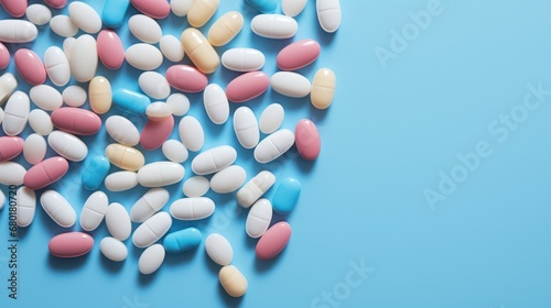  a pile of pills sitting on top of a blue table next to a white and pink pill pill pill on top of a blue table next to a white and a blue background.