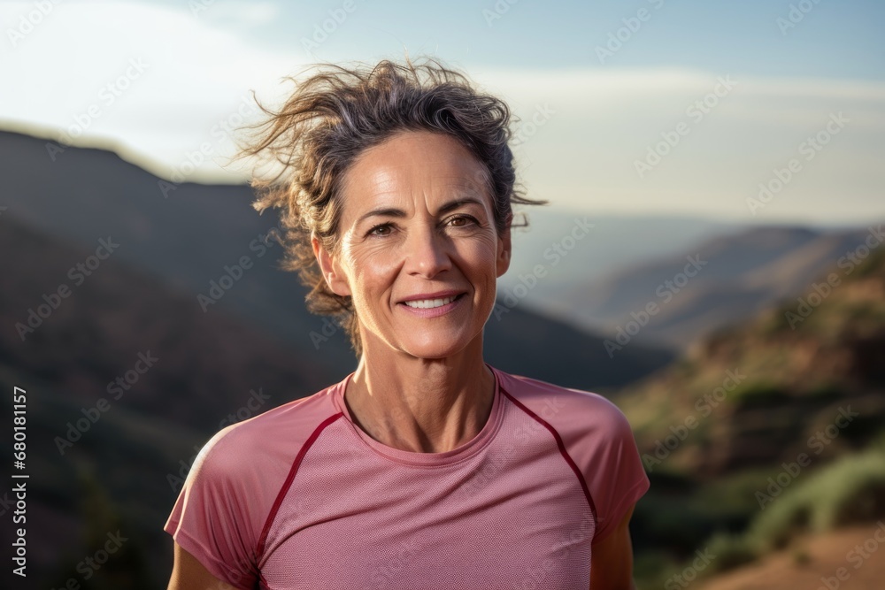 Portrait of a tender woman in her 50s wearing a moisture-wicking running shirt against a panoramic mountain vista. AI Generation Portrait of a tender woman in her 50s wearing a moisture-wicking running shirt against a panoramic mountain vista. AI Generation