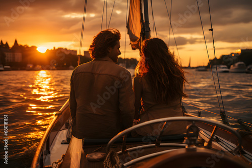  Young couple sailing on a boat during a summer evening. © mitarart