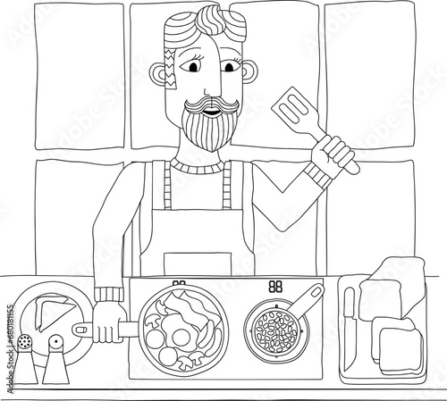 Food scene of a man cooking or preparing a full English fried breakfast. In a kitchen in an abstract cubist flat modern cartoon style