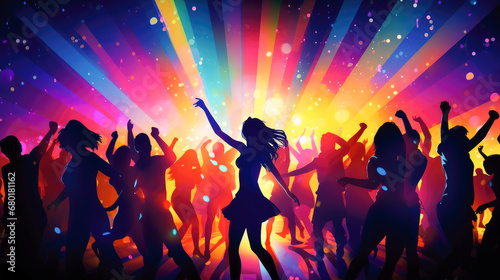 Illustration of people silhouette dancing on the dance floor.