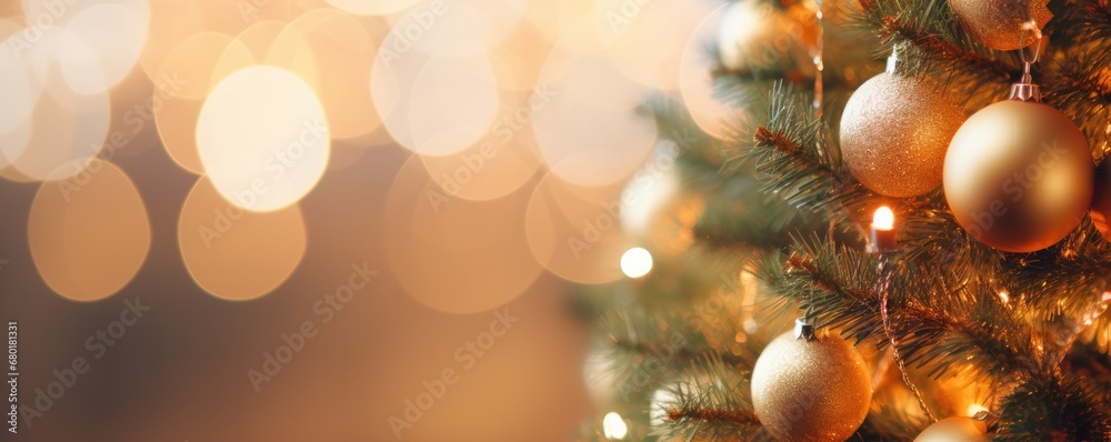 Decorated christmas tree in family house for christmas eve, bokeh panorama banner. Generative Ai.