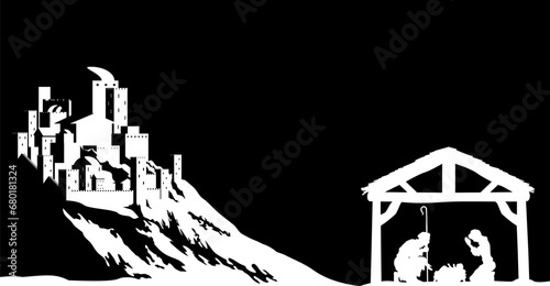 A Christmas nativity scene with baby Jesus in the manger and the city of Bethlehem in the background