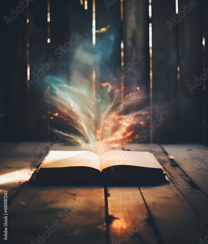 Open book with magic sparks on wooden table.