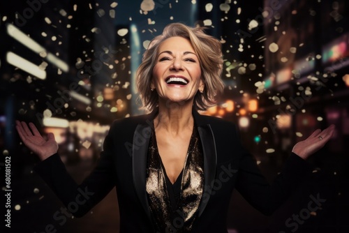 Portrait of a joyful woman in her 50s dressed in a stylish blazer against a glittering city nightlife. AI Generation © CogniLens