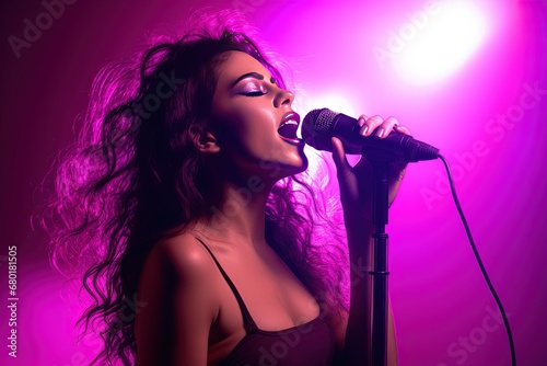 Beautiful girl singing on purple neon spotlights background